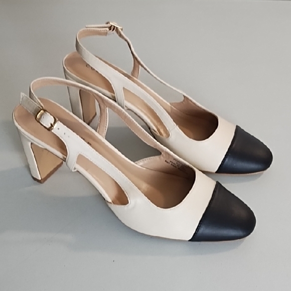 Elegant Two-Tone Black & Cream Slingback Heels Shoes - Picture 1 of 16
